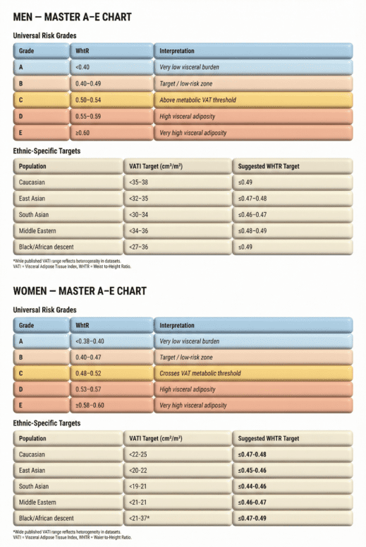Waist-to-height ratio (WHtR) chart showing visceral fat risk grades for men and women with ethnicity-specific targets used to assess metabolic and visceral adiposity risk.