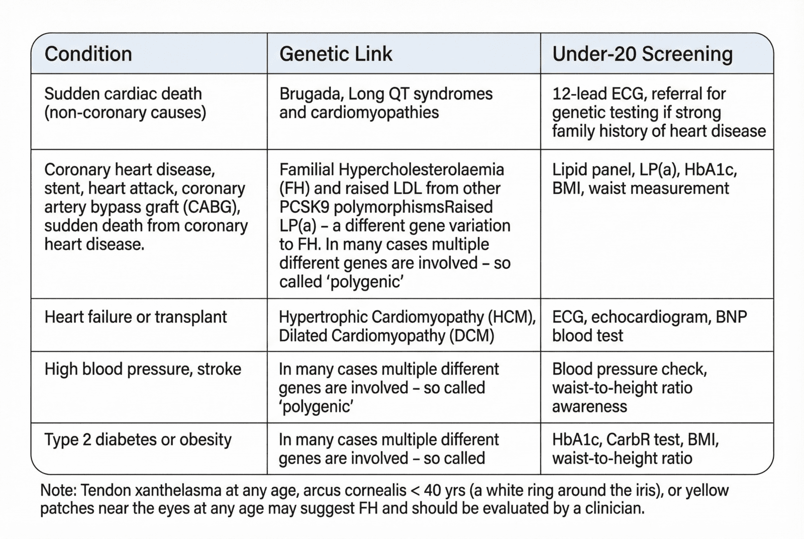 Table showing cardiovascular conditions, associated genetic links, and recommended screening under age 20. Conditions include sudden cardiac death (linked to Brugada, long QT, cardiomyopathies), coronary heart disease (familial hypercholesterolaemia, raised Lp(a), polygenic risk), heart failure (HCM, DCM), hypertension/stroke, and type 2 diabetes/obesity. Screening includes ECG, echocardiography, lipid panel, Lp(a), HbA1c, blood pressure, and anthropometric measures. Note highlights tendon xanthelasma and arcus cornealis as signs of familial hypercholesterolaemia. 