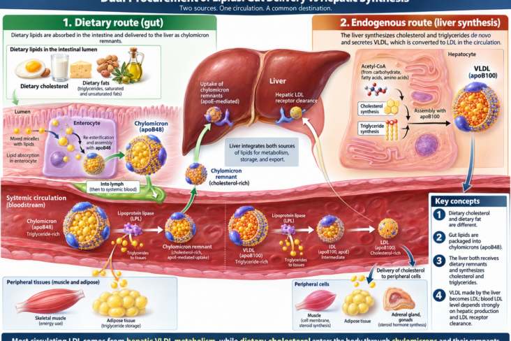 Diagram showing two sources of body lipid. Dietary cholesterol and fat enter intestinal cells and are transported in apoB48 chylomicrons before remnants reach the liver. In parallel, the liver synthesises cholesterol and triglycerides and exports them in purple-apoB100-containing VLDL, which can become IDL and LDL. Four boxes identify genetics, hepatic production, LDL-receptor clearance and visceral/metabolic state as determinants of the final LDL-C and apoB concentration.