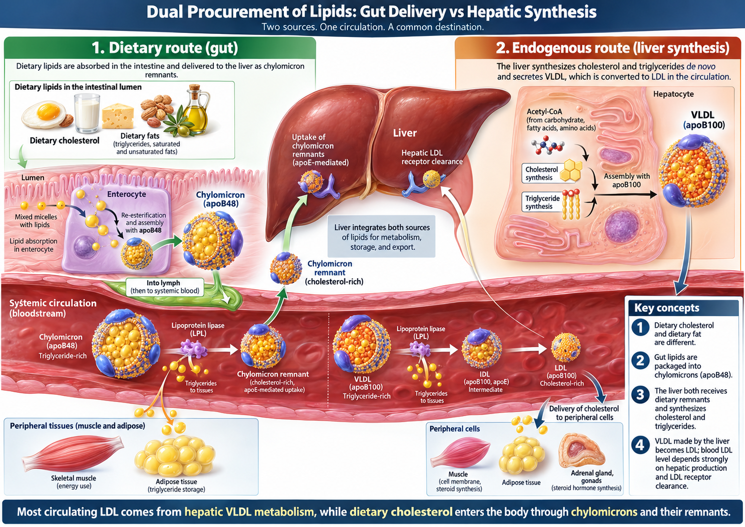 Diagram showing two sources of body lipid. Dietary cholesterol and fat enter intestinal cells and are transported in apoB48 chylomicrons before remnants reach the liver. In parallel, the liver synthesises cholesterol and triglycerides and exports them in purple-apoB100-containing VLDL, which can become IDL and LDL. Four boxes identify genetics, hepatic production, LDL-receptor clearance and visceral/metabolic state as determinants of the final LDL-C and apoB concentration.