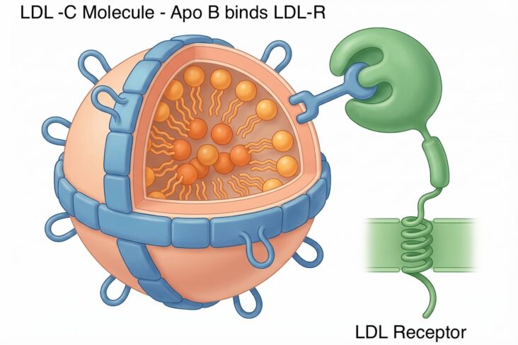 Medical illustration showing the structure of an LDL cholesterol molecule in cross-section. The spherical particle has a phospholipid outer shell wrapped by a blue belt representing apolipoprotein B-100 (apoB). The core contains cholesterol esters (orange spheres) and triglycerides (wavy lines). A segment of apoB extends rightward to engage with a green LDL receptor (LDL-R) anchored in a cell membrane, illustrating how LDL is recognised and cleared from the bloodstream.