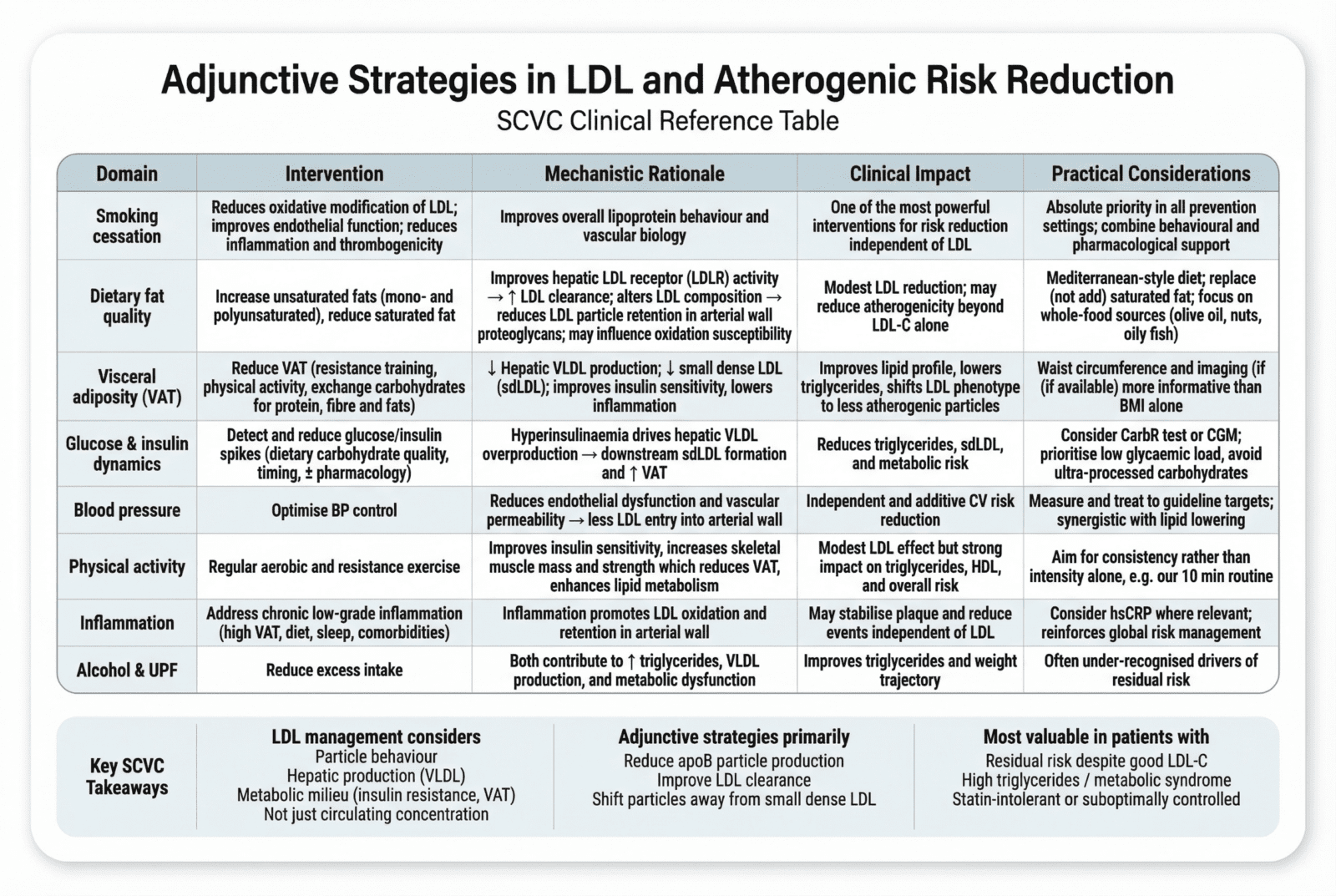 Clinical reference table titled “Adjunctive Strategies in LDL and Atherogenic Risk Reduction (SCVC)” summarising lifestyle and metabolic interventions to lower cardiovascular risk. Rows include smoking cessation, dietary fat quality, visceral adiposity (VAT) reduction, glucose and insulin control, blood pressure optimisation, physical activity, inflammation management, and alcohol/ultra-processed food reduction. Columns outline intervention, mechanistic rationale (e.g. improved LDL receptor activity, reduced VLDL production, improved insulin sensitivity), clinical impact (lipid profile, triglycerides, small dense LDL, cardiovascular risk), and practical considerations. Key message emphasises that LDL management depends not only on circulating levels but also particle behaviour, metabolic health, and reducing residual risk through multimodal strategies.