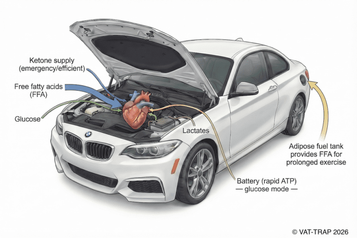 Diagram of a hybrid car used as an analogy for cardiac metabolism, showing the heart as the engine receiving multiple fuel sources including free fatty acids from adipose tissue (fuel tank), glucose for rapid ATP production (battery mode), lactate as a recycled fuel, and ketones as an efficient alternative energy source, illustrating metabolic flexibility in the heart.