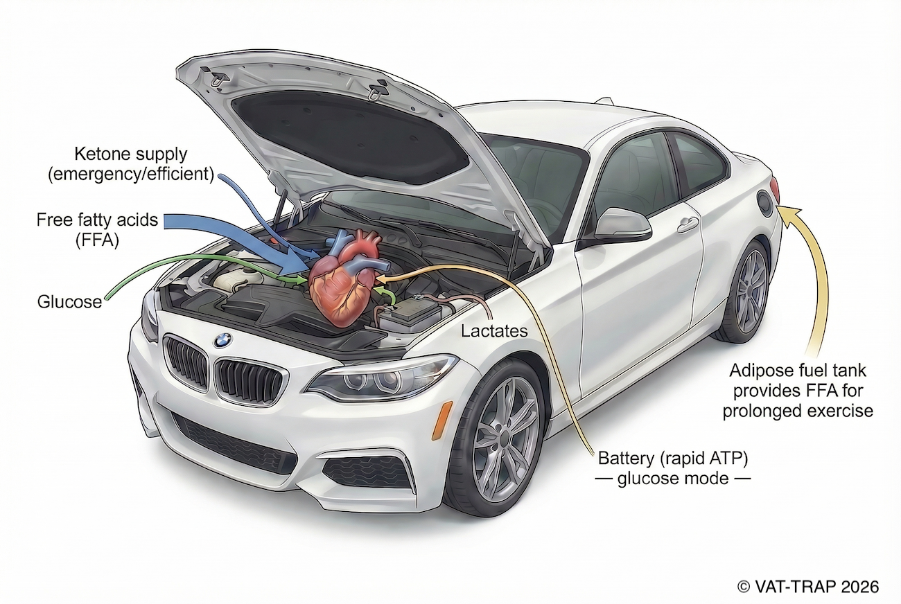 Diagram of a hybrid car used as an analogy for cardiac metabolism, showing the heart as the engine receiving multiple fuel sources including free fatty acids from adipose tissue (fuel tank), glucose for rapid ATP production (battery mode), lactate as a recycled fuel, and ketones as an efficient alternative energy source, illustrating metabolic flexibility in the heart.