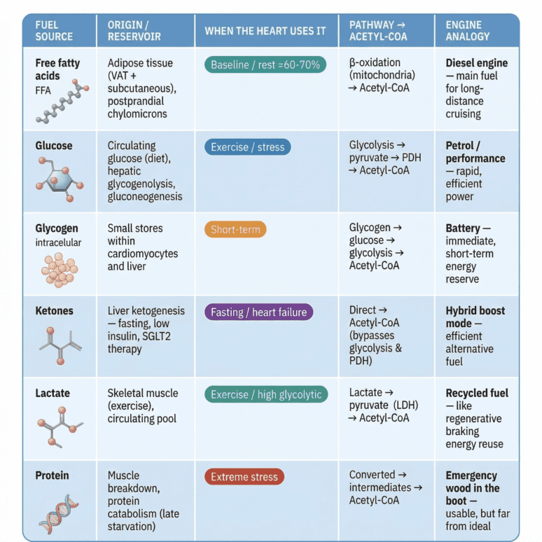 Table illustrating the hybrid car analogy of cardiac metabolism, showing how the heart uses multiple fuel sources—fatty acids, glucose, glycogen, ketones, lactate, and protein—from different body reservoirs, each mapped to car components such as diesel engine, petrol, battery, and fuel tank to demonstrate metabolic flexibility.