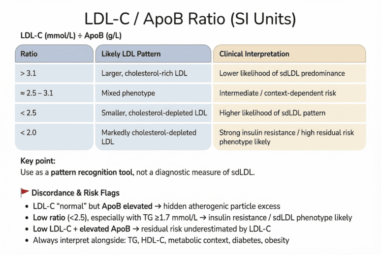 Here’s clear, blog-ready alt text you can use: --- **Alt text:** Table titled “LDL-C / ApoB Ratio (SI Units)” showing how the ratio of LDL cholesterol (mmol/L) to ApoB (g/L) can help infer LDL particle size and residual cardiovascular risk. A ratio >3.1 suggests larger, cholesterol-rich LDL particles with lower likelihood of small dense LDL (sdLDL). A ratio of ~2.5–3.1 indicates a mixed phenotype. A ratio <2.5 suggests smaller, cholesterol-depleted LDL with higher likelihood of sdLDL, and <2.0 indicates markedly cholesterol-depleted LDL associated with insulin resistance and high residual risk. The table emphasizes this ratio as a pattern recognition tool rather than a diagnostic test. Additional notes highlight discordance patterns: normal LDL-C with elevated ApoB suggests hidden particle excess; low ratio with elevated triglycerides points to insulin resistance and sdLDL predominance; and low LDL-C with elevated ApoB indicates underestimated atherogenic risk. The figure supports using the LDL-C:ApoB ratio to identify more atherogenic small dense LDL versus larger, less harmful LDL particles. 