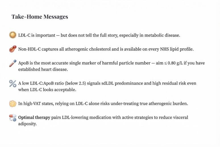 Here’s concise, blog-appropriate alt text: --- **Alt text:** Slide titled “Take-Home Messages” summarising key principles of lipid interpretation. It highlights that LDL-C alone does not reflect full cardiovascular risk, particularly in metabolic disease. Non-HDL-C captures total atherogenic cholesterol, while ApoB is the most accurate marker of atherogenic particle number, with a suggested target ≤0.80 g/L in established heart disease. A low LDL-C:ApoB ratio (<2.5) indicates predominance of small dense LDL and higher residual risk despite acceptable LDL-C levels. The slide also notes that in states of increased visceral adiposity (VAT), relying on LDL-C alone may underestimate risk, and optimal management should combine LDL-lowering therapy with strategies to reduce visceral fat.