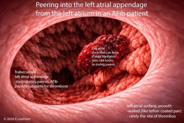 Detailed medical illustration from the smooth-walled left atrium into the left atrial appendage, highlighting its irregular, trabeculated lining. A large, dark red thrombus is adherent to the appendage wall and extends outward into the lumen, appearing unstable and at risk of detachment, illustrating clot formation in atrial fibrillation and potential embolic complications.