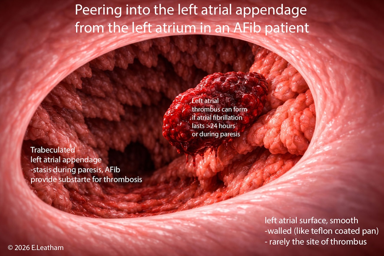Detailed medical illustration from the smooth-walled left atrium into the left atrial appendage, highlighting its irregular, trabeculated lining. A large, dark red thrombus is adherent to the appendage wall and extends outward into the lumen, appearing unstable and at risk of detachment, illustrating clot formation in atrial fibrillation and potential embolic complications.